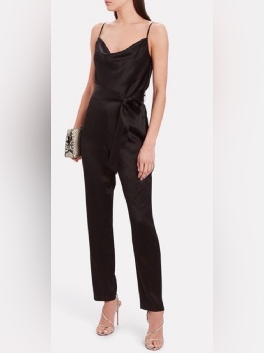 INTERMIX Black Satin Cowl Neck Jumpsuit with Spaghetti Straps